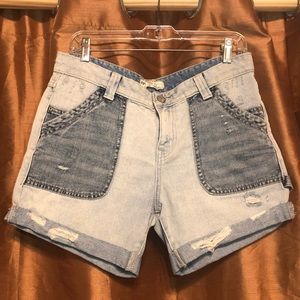 Free People Distressed Denim Contrast Midi Shorts